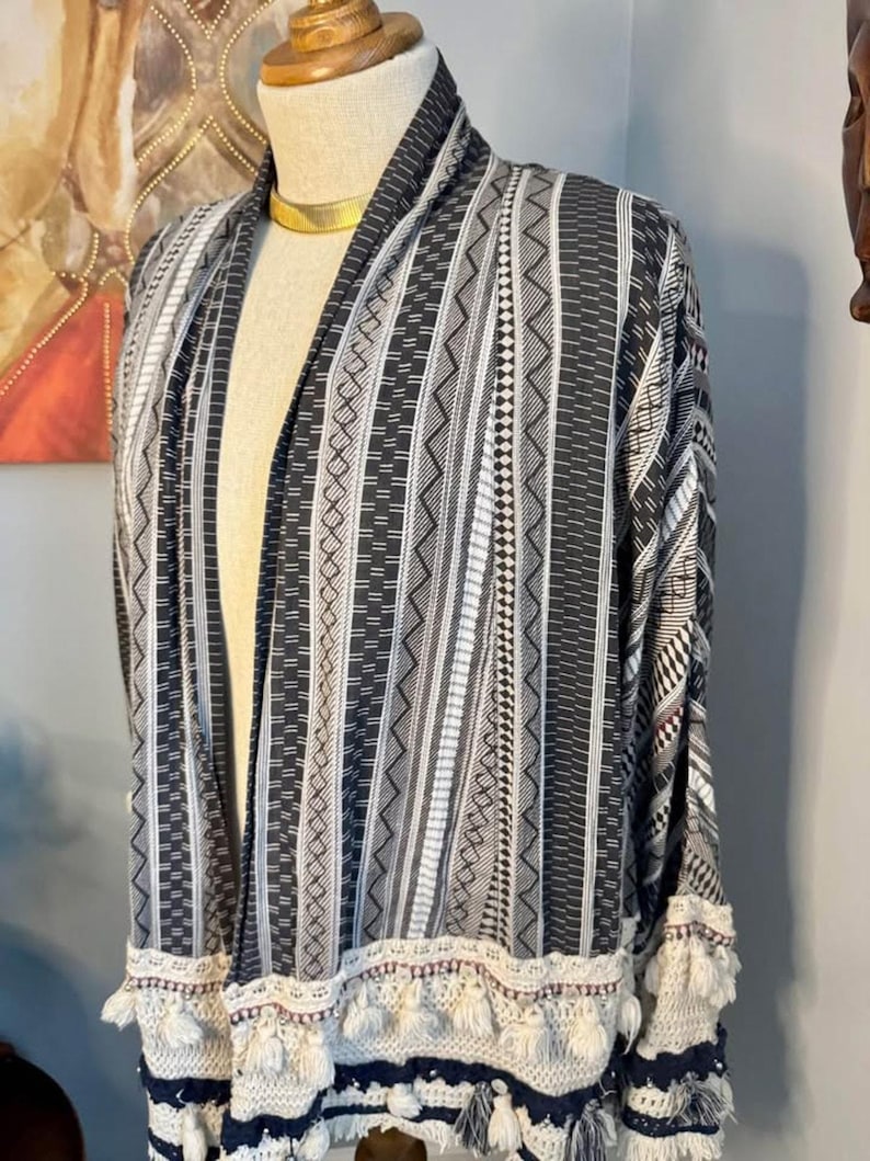 ZARA Boho Tassel Kimono: Tribal Print Cotton Cardigan image 3