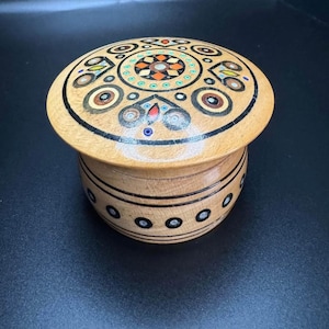 Vintage Collectible Ukrainian Inlay Lacquer Hand Painted Wooden Lidded Jar/Keepsake Box