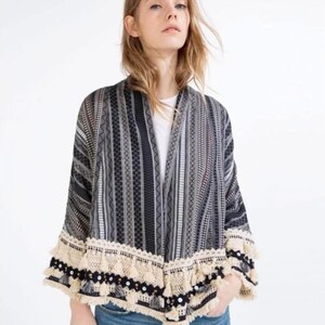 ZARA Boho Tassel Kimono: Tribal Print Cotton Cardigan image 1