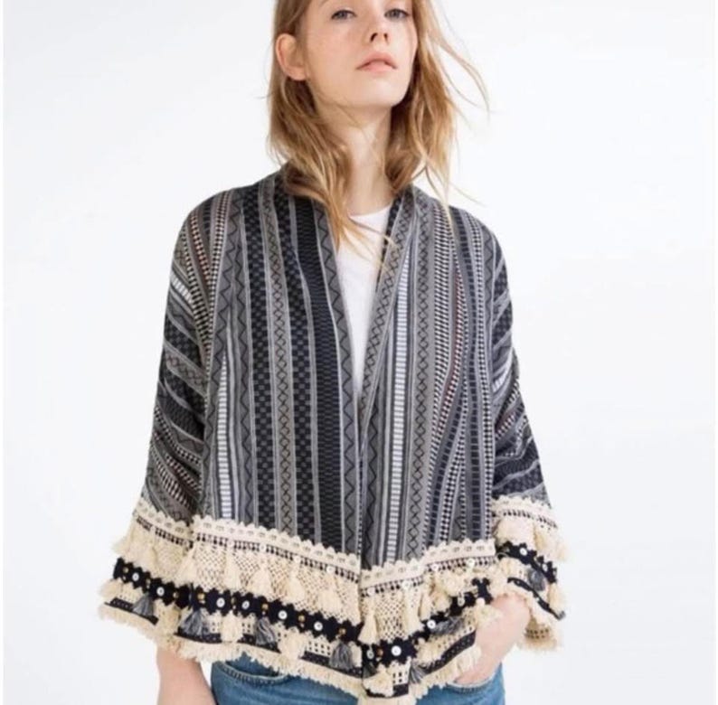 ZARA Boho Tassel Kimono: Tribal Print Cotton Cardigan image 1