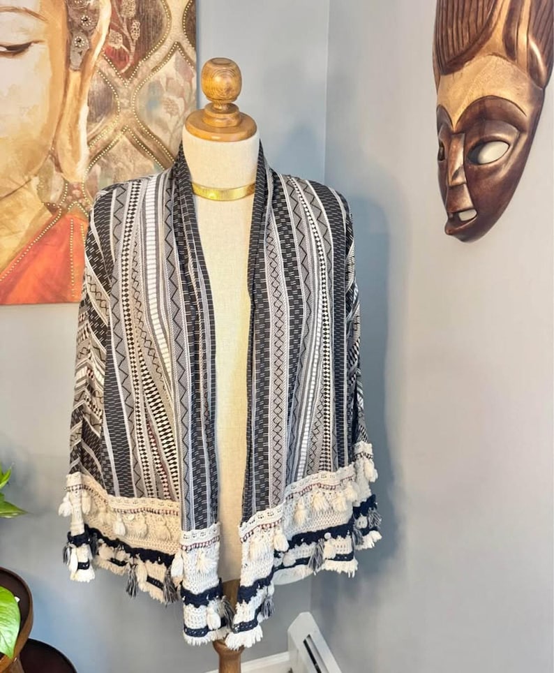 ZARA Boho Tassel Kimono: Tribal Print Cotton Cardigan image 4