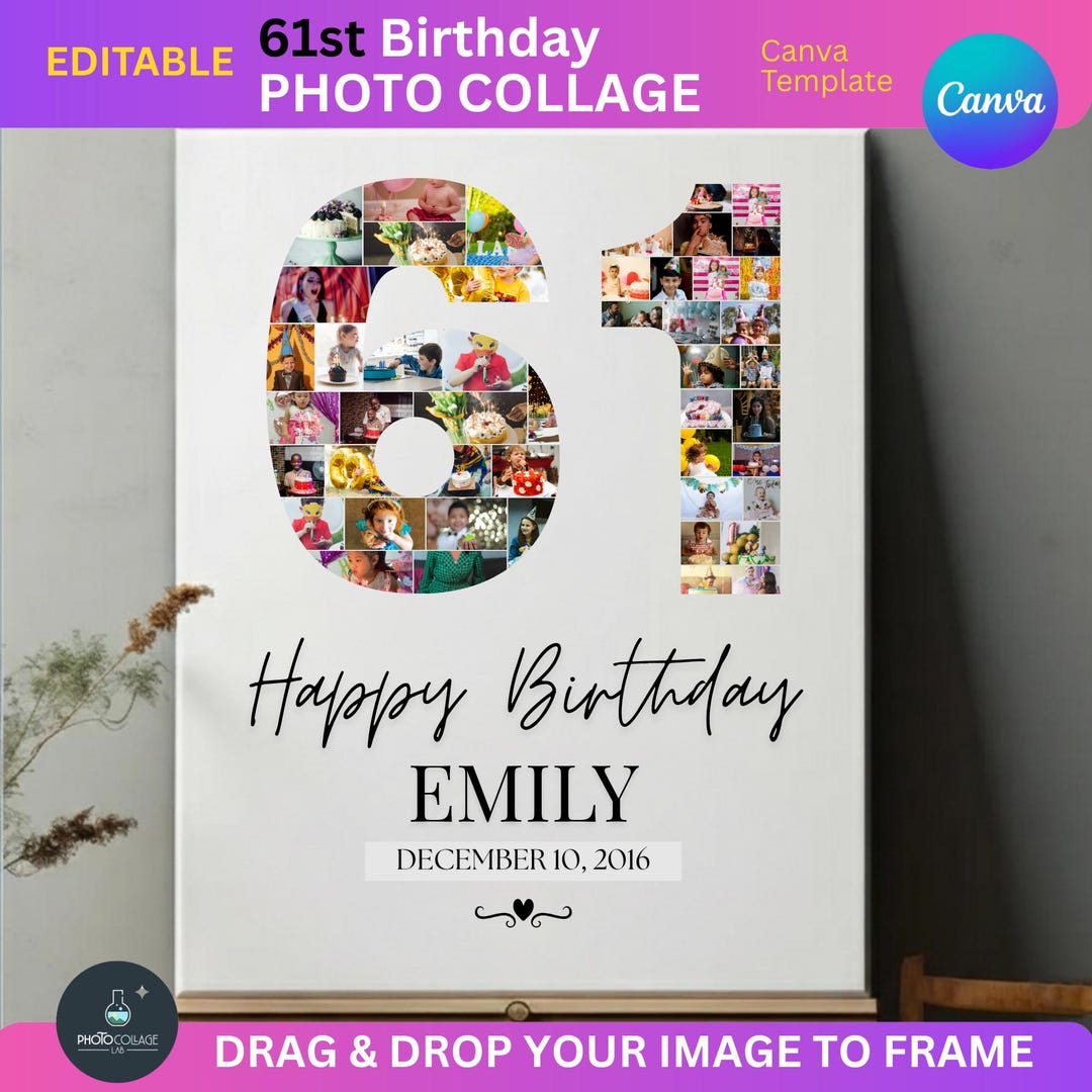 61st Birthday Photo Collage Canva Template: Editable Number 61 Design ...