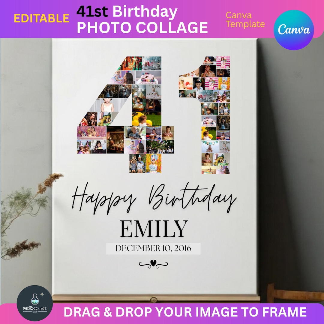 41st Birthday Photo Collage Canva Template: Editable Number 41 Design ...