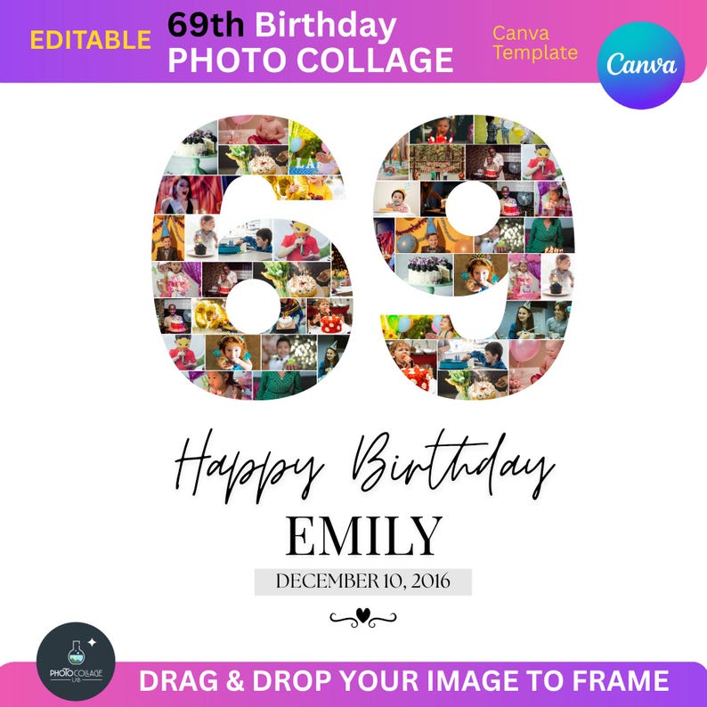 69th Birthday Photo Collage Canva Template: Editable Number 69 Design ...