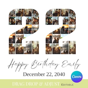 Könnte beinhalten: Personalisierte Geburtstagskarte mit der Zahl "22", zusammengesetzt aus mehreren kleinen Fotos. Die Karte enthält den Text "Happy Birthday Emily" und das Datum "22. Dezember 2040". Das Canva-Logo ist unten rechts sichtbar.