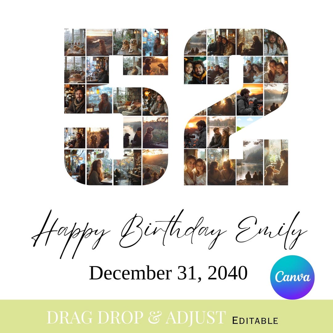 Editable 52nd Birthday Photo Collage Canva Template, Fifty-two Birthday ...