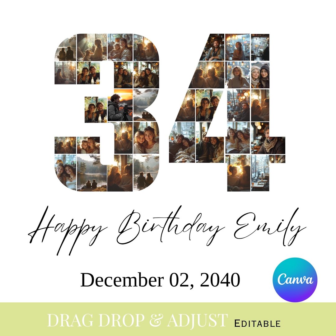 Editable 34th Birthday Photo Collage Canva Template, Thirty-four ...