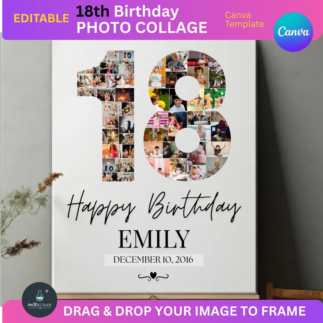 18th Birthday Photo Collage Canva Template: Editable Number 18 Design ...