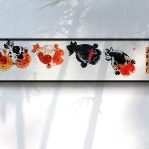 Cinco bendiciones llegan a la puerta (R) / Pintura de acuarela hecha a mano / Arte asiático con pinceladas / Minimalista / Peces de colores / Decoración del hogar / 6'' (L) * 26'' (W)