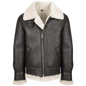 Men&#39;s  Aviator Shearling Fur Jacket - Genuine Sheepskin Leather Jacket - Flying Pilot Leather Jacket - Shearling Winter Biker Jacket