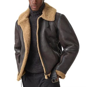 Handmade Real Sheepskin Aviator Jacket | Men's Leather Bomber Shearling Coat | Warm  Fur Winter Biker Jacket