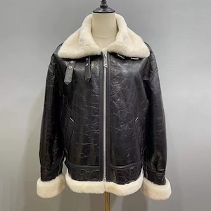 Echte Damen Schaffell Leder Pelzjacke - Aviator Bomberjacke - Pelzjacke mit Schafsleder - Bikerjacke für Damen