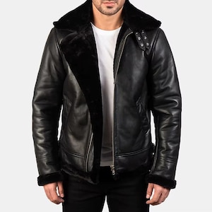 Men&#39;s Sheepskin Leather Aviator Jacket | Fur Shearling Bomber Jacket | Handmade Winter Pilot Flight Biker  Fur Jacket