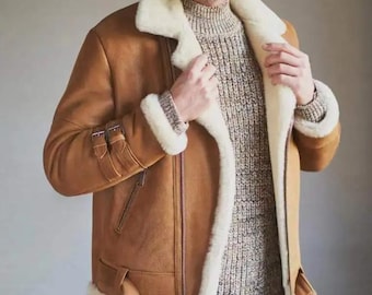 Men&#39;s Suede  Aviator Shearling Fur Jacket - Genuine Sheepskin Leather Jacket - Flying Pilot Leather Jacket - Winter Warm Biker Jacket