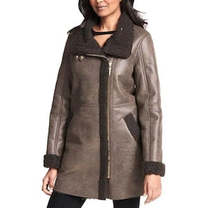 Women&#39;s Vintage Sheepskin Leather Fur Coat - Genuine Shearling Leather Coat - Winter Warm Fleece Coat For Women - Women Shearling Coat Long