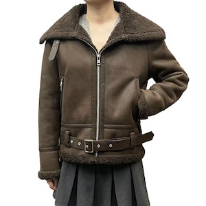 Damen Shearling Echtlederjacke - Bikerjacke - Wintermode Warme Pelzjacke - Handgefertigte Leder Bomberjacke