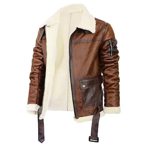 Handmade Real Sheepskin Aviator Jacket | Men's Leather Bomber Shearling Coat | Warm  Fur Winter Biker Jacket