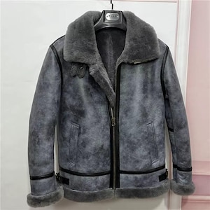 Handmade Real Sheepskin Aviator Jacket | Men's Leather Bomber Shearling Coat | Warm  Fur Winter Biker Jacket