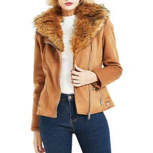 Frauen Schaffellleder Fliegerjacke - Bomber Bikerjacke - Pelz mit Schafleder Winterjacke - Lammfelljacke für Damen