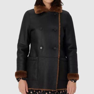 Women&#39;s Black Sheepskin Leather Fur Coat - Genuine Shearling Leather Coat - Bomber Winter Fleece Coat - Aviator Women Shearling Coat