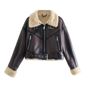 Echte Lammfell-Lederjacke für Damen - Lammfell-Bikerjacke - Pelz-Winterjacke - Bomber Aviator Stylish Jacket