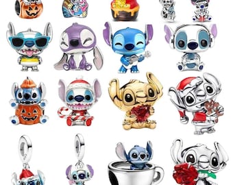 Colgante Pandora de plata con diseño de Stitch de Disney, ideal para pulseras y para crear tus propias joyas. Regalos de cumpleaños.