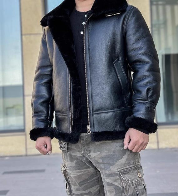 Herren Flieger Lammfell Jacke Echte Schaffell Lederjacke