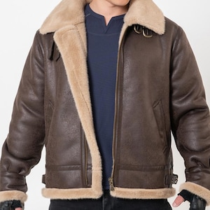 Men's  Aviator Shearling Fur Jacket - Genuine Sheepskin Leather Jacket - Flying Pilot Leather Jacket - Shearling Winter Biker Jacket