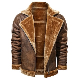 Men's  Aviator Shearling Jacket - Real Sheepskin Vintage Leather Jacket - Flying Pilot Leather Jacket - Shearling Fur Biker Jacket