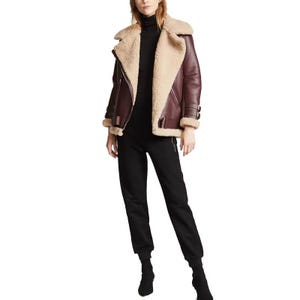 Echte Lammfell-Lederjacke für Damen - Lammfell-Bikerjacke - Pelz-Winterjacke - Bomber Aviator Stylish Jacket