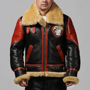 Men&#39;s Sheepskin Leather Aviator Jacket | Fur Shearling Bomber Jacket | Handmade Winter Pilot Flight Biker  Fur Jacket