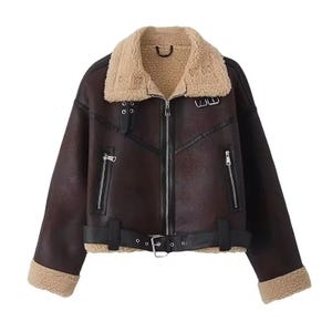 Women Shearling Leather Biker Bomber Jacket, Handmade  Genuine Lambskin Jacket, Warm Winter Jacket,  Fur Windbreaker Outerwear