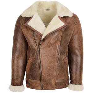 Men&#39;s  Aviator Shearling Fur Jacket - Genuine Vintage Sheepskin Leather Jacket - Flying Pilot Leather Jacket - Shearling Biker Jacket