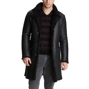 Men’s Black Leather Shearling Coat - Genuine Handmade Leather Fur Coat - Long Fleece Coat - Gift For Him -  Sheepskin Men Winter Long Coat