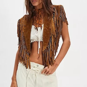 Women’s Suede Leather Vest – Stylish Western Fringe Festival Outfit – Vintage Cowgirl Tassel Vest – Soft PU Leather Waistcoat Biker Jacket