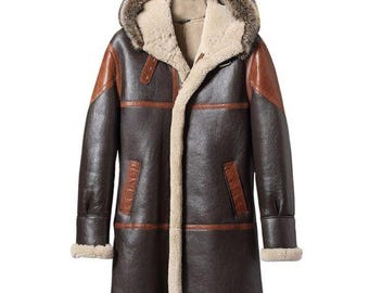 Men’s Genuine Sheepskin Leather Fur Coat - Shearling Leather Duffle Coat - Hooded Long Fleece Coat - Gift For Him - Men Winter Long Coat