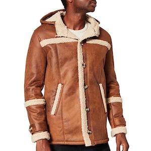 Men’s Vintage Leather Fur Coat - Hooded Genuine Sheepskin Shearling Leather Coat - Winter  Fleece Coat For Men - Gift For Him