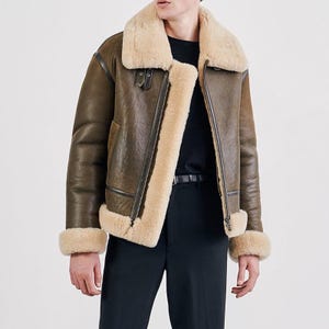 Aviator Shearling Fur Jacket - Genuine Sheepskin Leather Jacket - Flying Pilot Leather Jacket - Men Shearling Winter Biker Jacket
