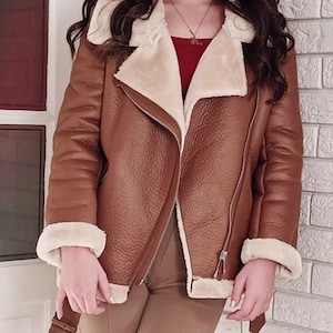Damen Schaffell Leder Pelzjacke - Aviator Shearling Biker Jacke - Bomber Warme Lederjacke - Leder Stilvolle Jacke