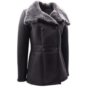 Women&#39;s Black Sheepskin Leather Fur Coat - Genuine Shearling Leather Coat - Winter Warm Fleece Coat For Women - Women Shearling Coat