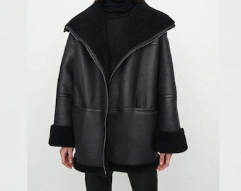 Women&#39;s Black Sheepskin Leather Fur Coat - Genuine Shearling Leather Coat - Bomber Winter Fleece Coat - Aviator Women Shearling Coat