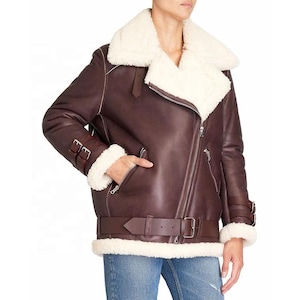 Echte Lammfell-Lederjacke für Damen - Lammfell-Bikerjacke - Pelz-Winterjacke - Bomber Aviator Stylish Jacket