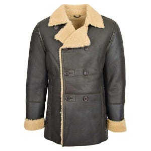 Men’s Black Leather Shearling Coat - Double Breasted Leather Fur Coat - Long Fleece Coat - Gift For Him -  Sheepskin Men Winter Long Coat