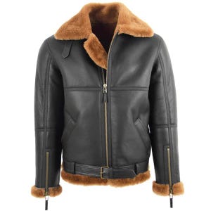 Men&#39;s  Aviator Shearling Fur Jacket - Genuine Sheepskin Leather Jacket - Flying Pilot Leather Jacket - Shearling Winter Biker Jacket