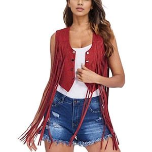 Women&#39;s Leather Fringe Vest , Tassel Leather Waistcoat , Festival Outfit Vest , Western Style Fringe Waistcoat , PU Leather Soft Suede Vest