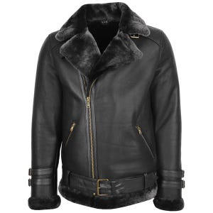 Men&#39;s  Aviator Shearling Fur Jacket - Genuine Sheepskin Leather Jacket - Flying Pilot Leather Jacket - Shearling Winter Biker Jacket