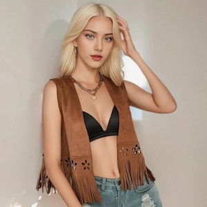 Women’s Suede Leather Vest – Stylish Western Fringe Festival Outfit – Vintage Cowgirl Tassel Vest – Soft PU Leather Waistcoat Biker Jacket