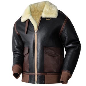 Men's  Aviator Shearling Fur Jacket - Genuine Sheepskin Leather Jacket - Flying Pilot Leather Jacket - Shearling Winter Biker Jacket