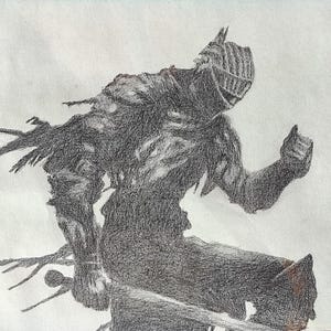 Dark Souls 3 Pencil Drawing – A4 Fan Art Sketch of Firelink Shrine Warrior, The Ashen One – Original Handmade Game Illustration