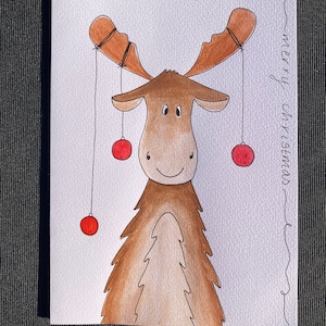 Aquarel rendieren kerstkaart. Moeder, vader, broer, zus, vriend, dochter, zoon, leraar, buur